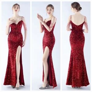 Red Sequin Backless Gown with Sweetheart Neckline